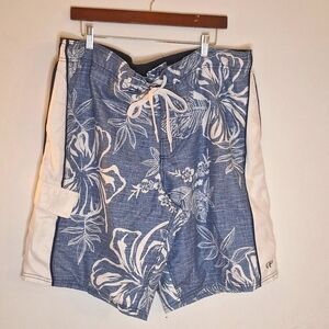 Men's OP Blue/White floral Swim Shorts.